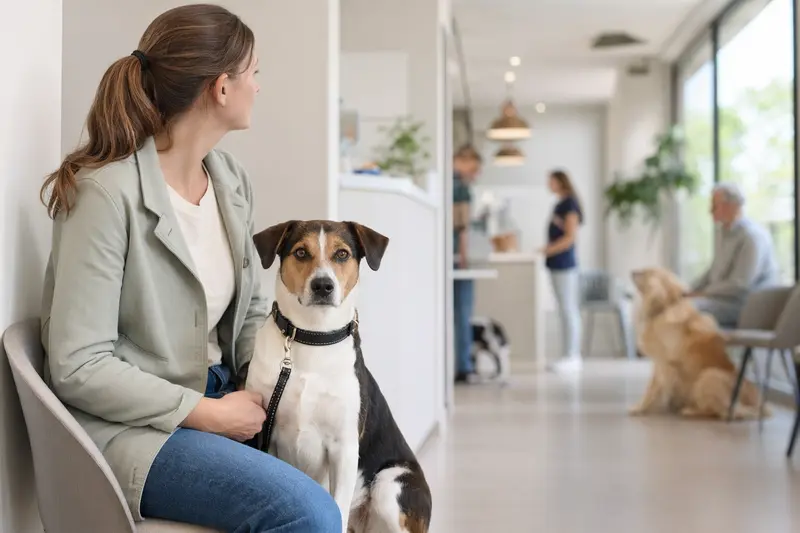 Dänisch-Schwedischer Farmhund sitzt ruhig neben seinem Besitzer im hellen Wartezimmer einer modernen Tierarztpraxis.